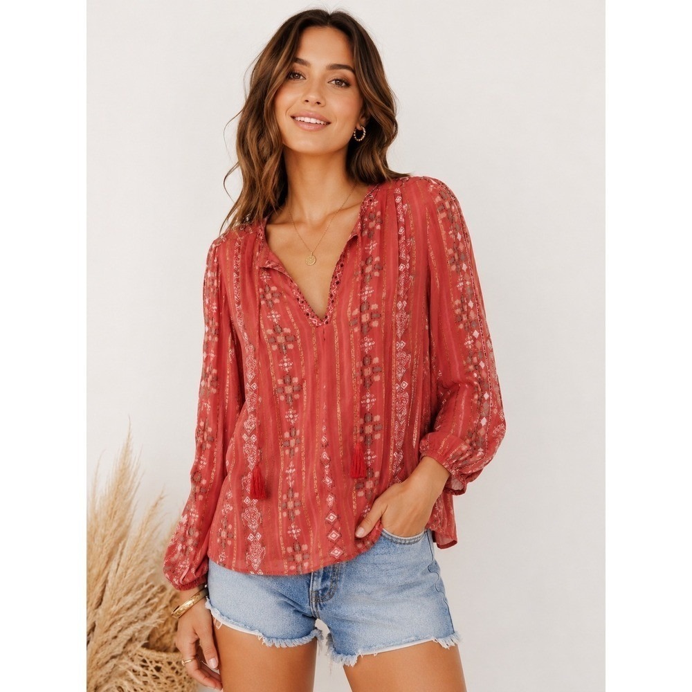 Joie Silk Boho Peasant Blouse Medium Coral Metallic‎ Stripe Tassel Top